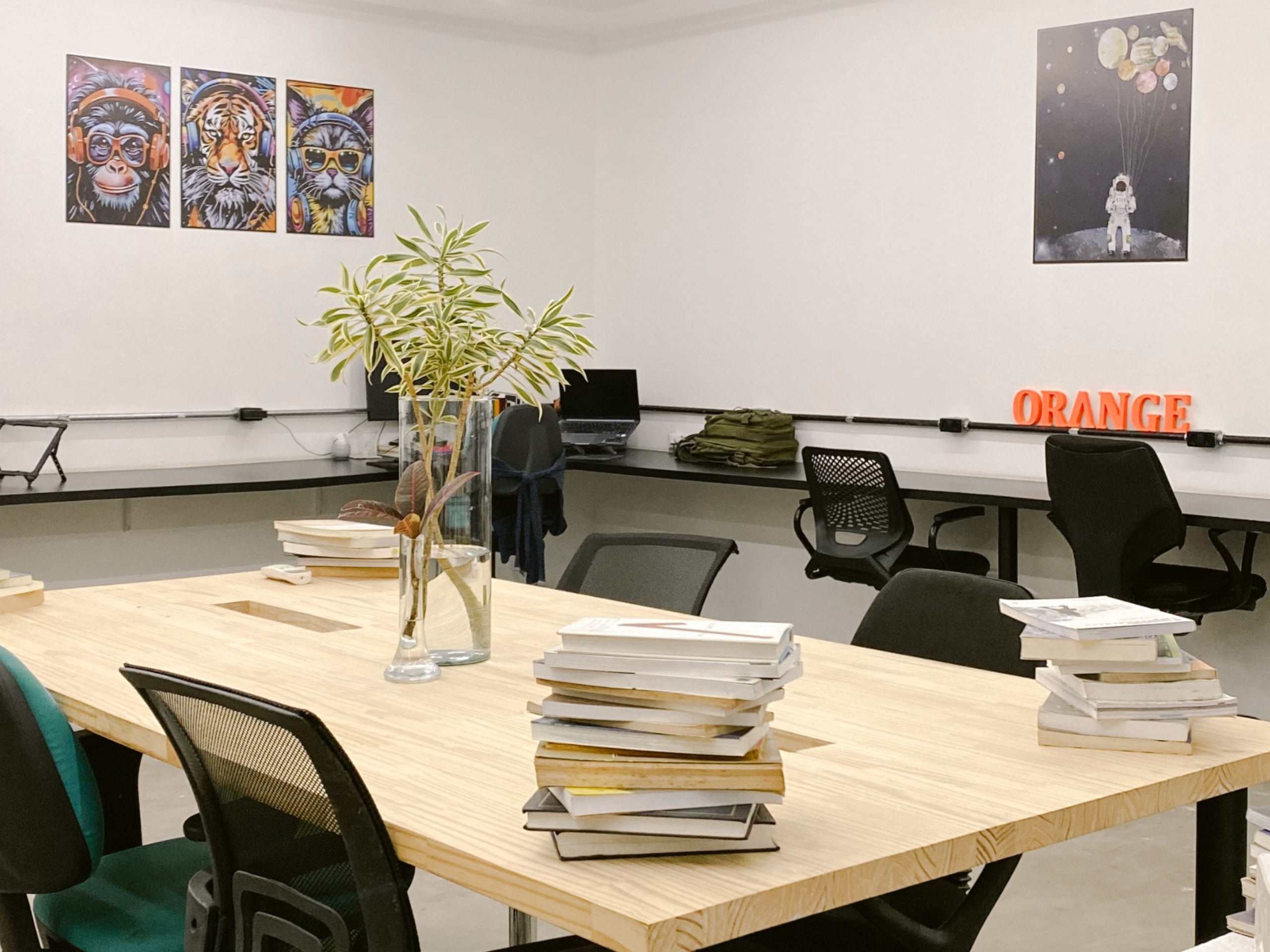 Ampla mesa de madeira com livros e planta no espaço do Orange Coworking. Ao fundo, cadeiras ergonômicas, arte nas paredes e letreiro da marca.